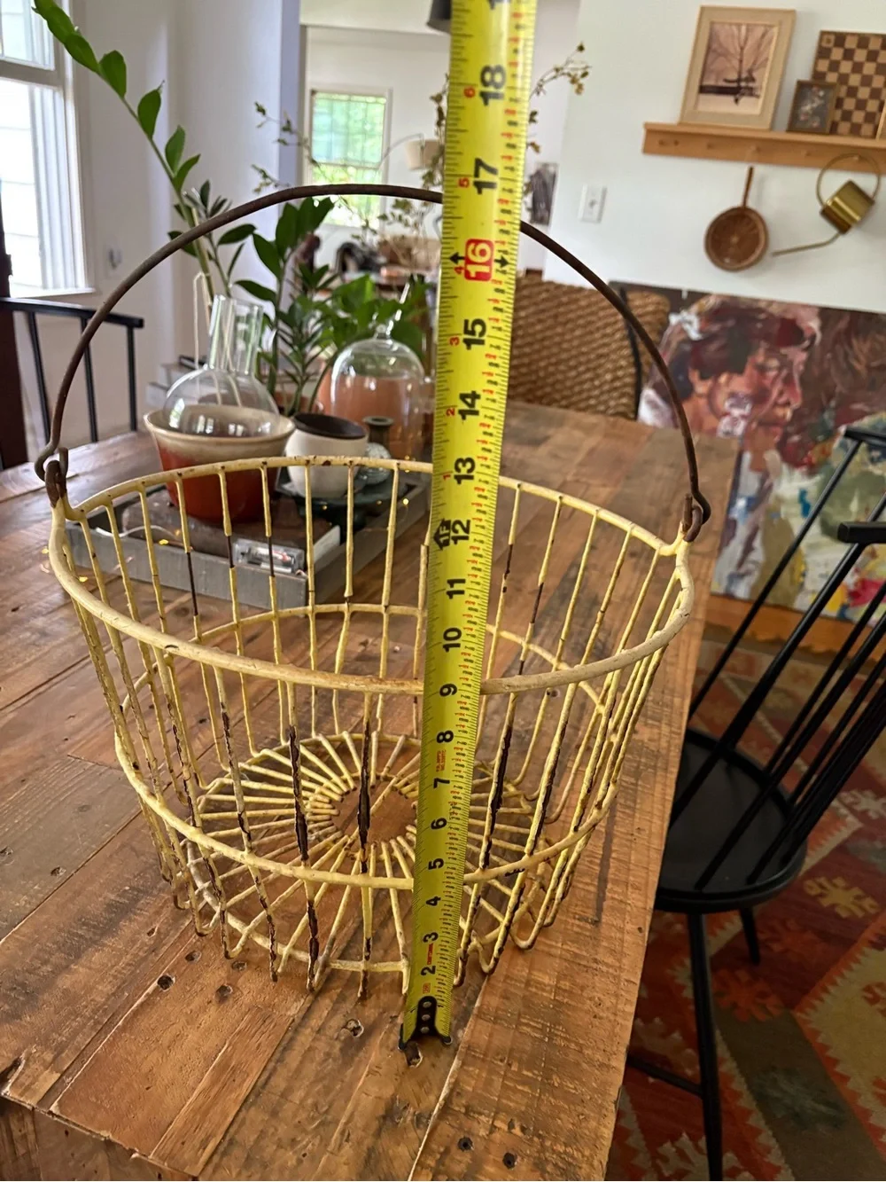 Vintage Distressed Yellow Wire Metal Egg Collection Gathering Handled Basket